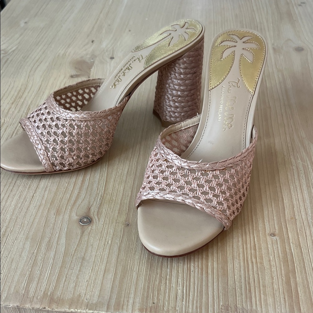 The Nat Note natural tan rafia espadrille Woven Heeled Mule sandals chunky heel - Picture 5 of 8